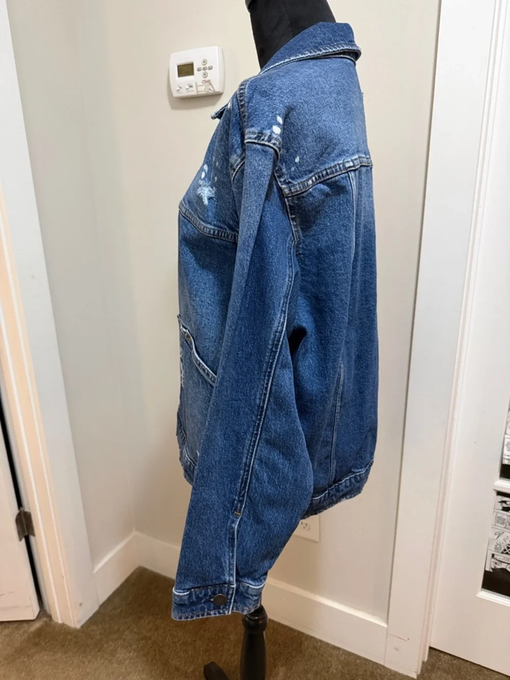 a.n.a. Women’s Distressed Blue Denim Jacket with Paint-Splatter Detail - Picture 9 of 10